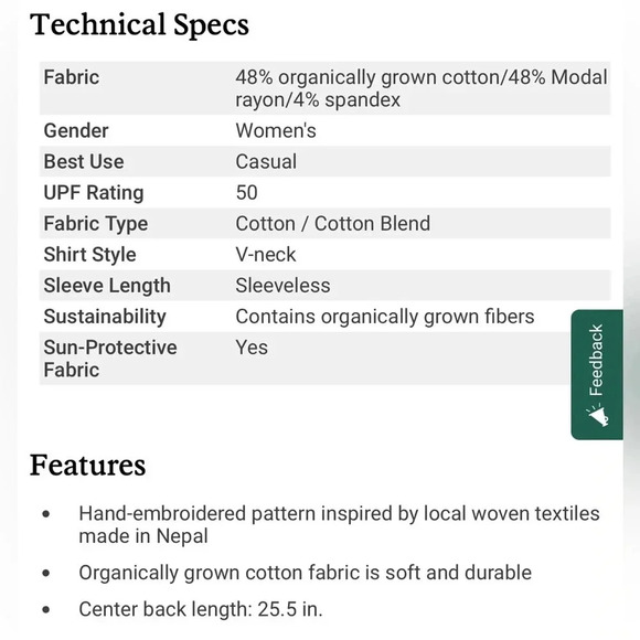 Sherpa Adventure Gear Maya Embroidery Sleeveless Top Medium - Picture 5 of 5